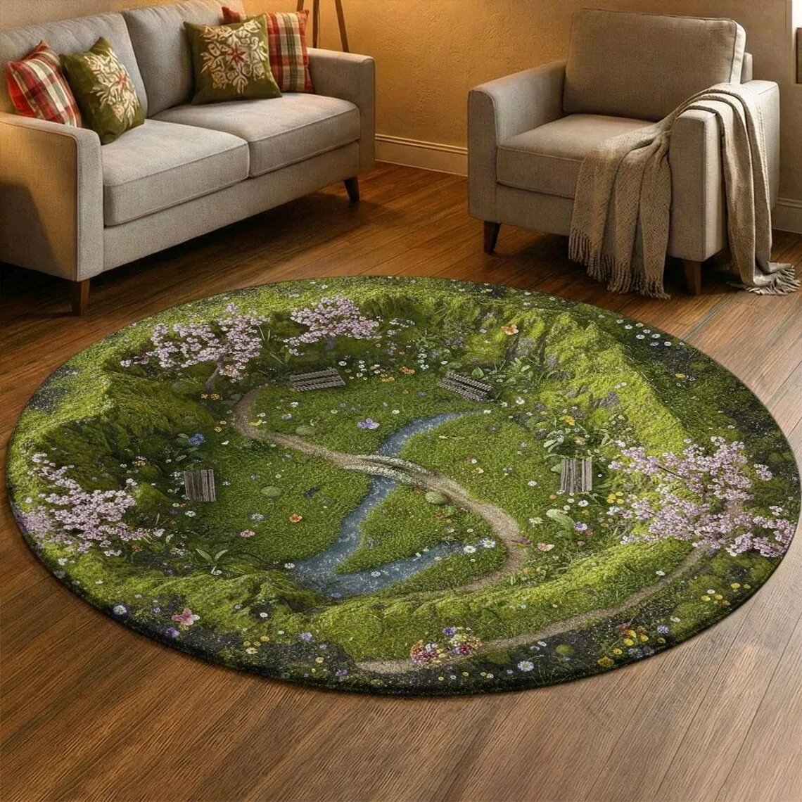Flower and Bird Print Spring Round Carpet Plant Vitality Anti Slip Door Mat Living Room Bedroom Kitchen Decoration Rug
