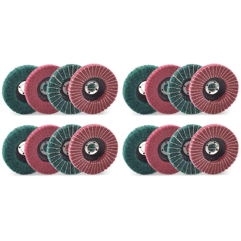 

A84E-16PCS 4 Inch Red & Green Nylon Fiber Flap Discs Set Assorted Sanding Grinding Buffing Wheels For Angle Grinder