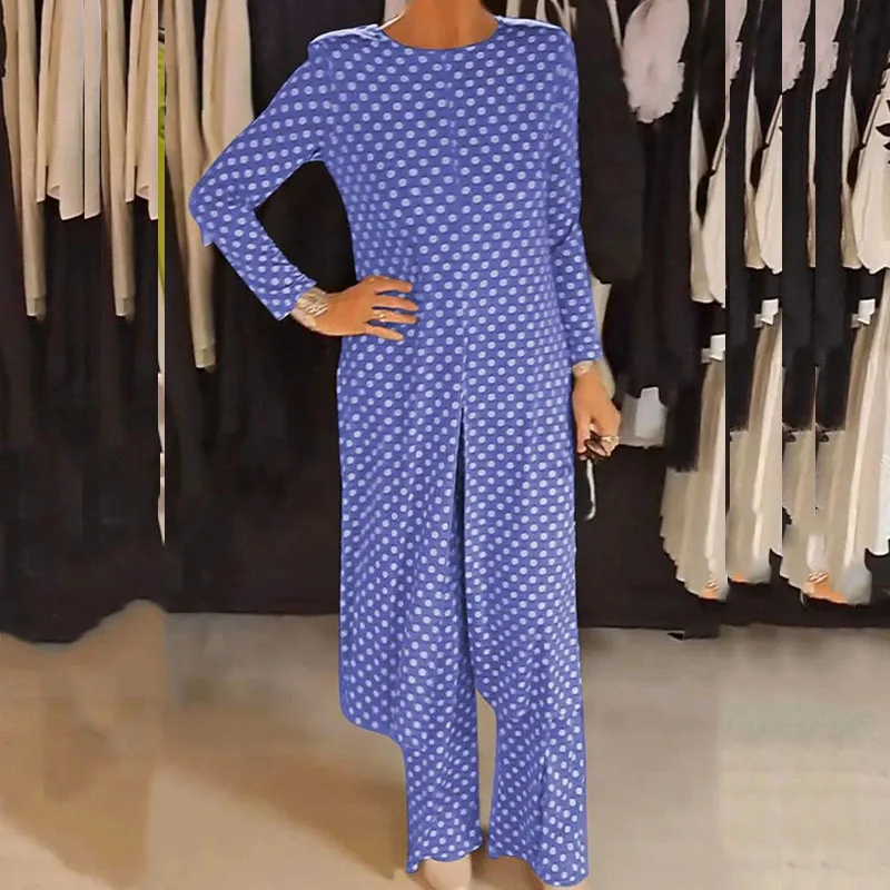 Fashion Round Neck Slit Long Top & Long Pant Set Women Casual Long Sleeve Loose 2Pc Outfit Elegant Polka Dot Print Commuter Suit