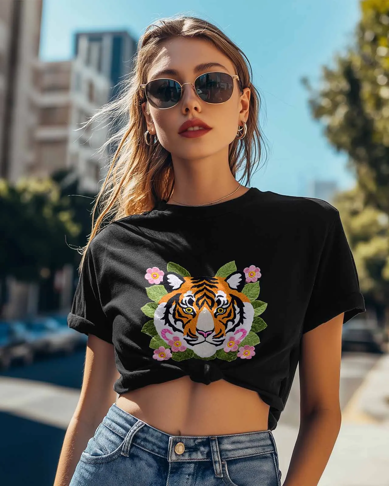 Tiger Flower Cartoon T-Shirt Lover Gift Sweatshirt Fitness T-shirt Short Sleeve O-neck Clothing Tops