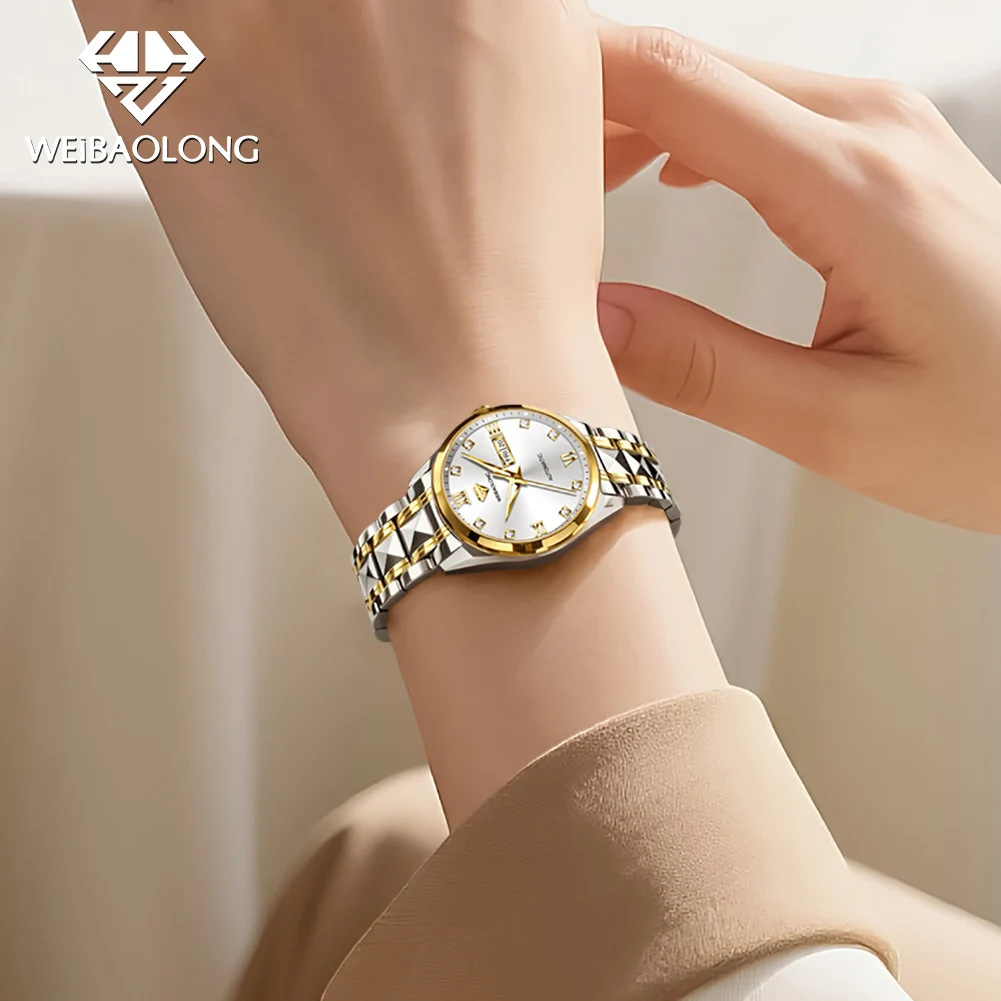 WEIBAOLONG 3803 ساعة نسائية ماسية حقيقية ساعات فاخرة للسيدات عرض تقويم مزدوج ساعة ميكانيكية أوتوماتيكية للسيدات