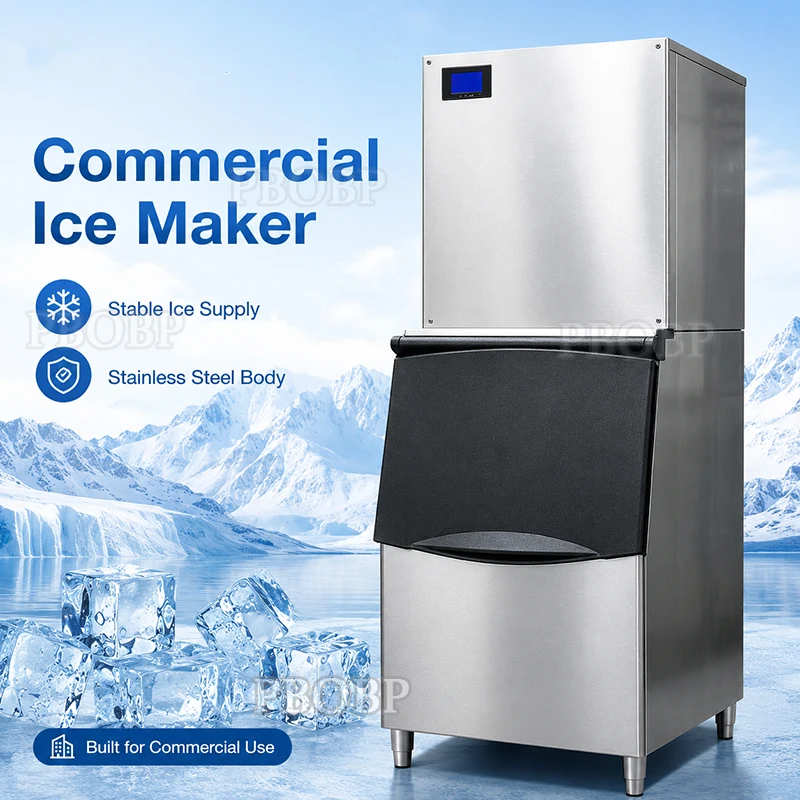 PBOBP Commercial Cube Ice Maker With Water Drain Pump 300/350KG/24H Freestanding LCD Touch Screen Liquid Freezer Ice Machine