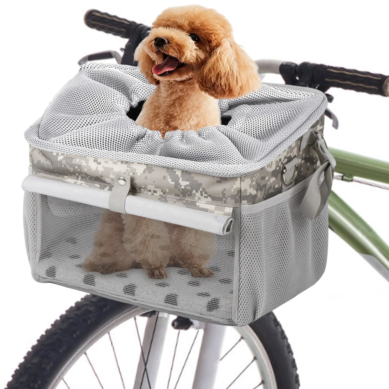 Breathable Foldable Bike Dog Carrier Basket Scooter Pet Bag Camo Puppy Handbag Safety Hook Soft Mat Cycling Outdoor Trip