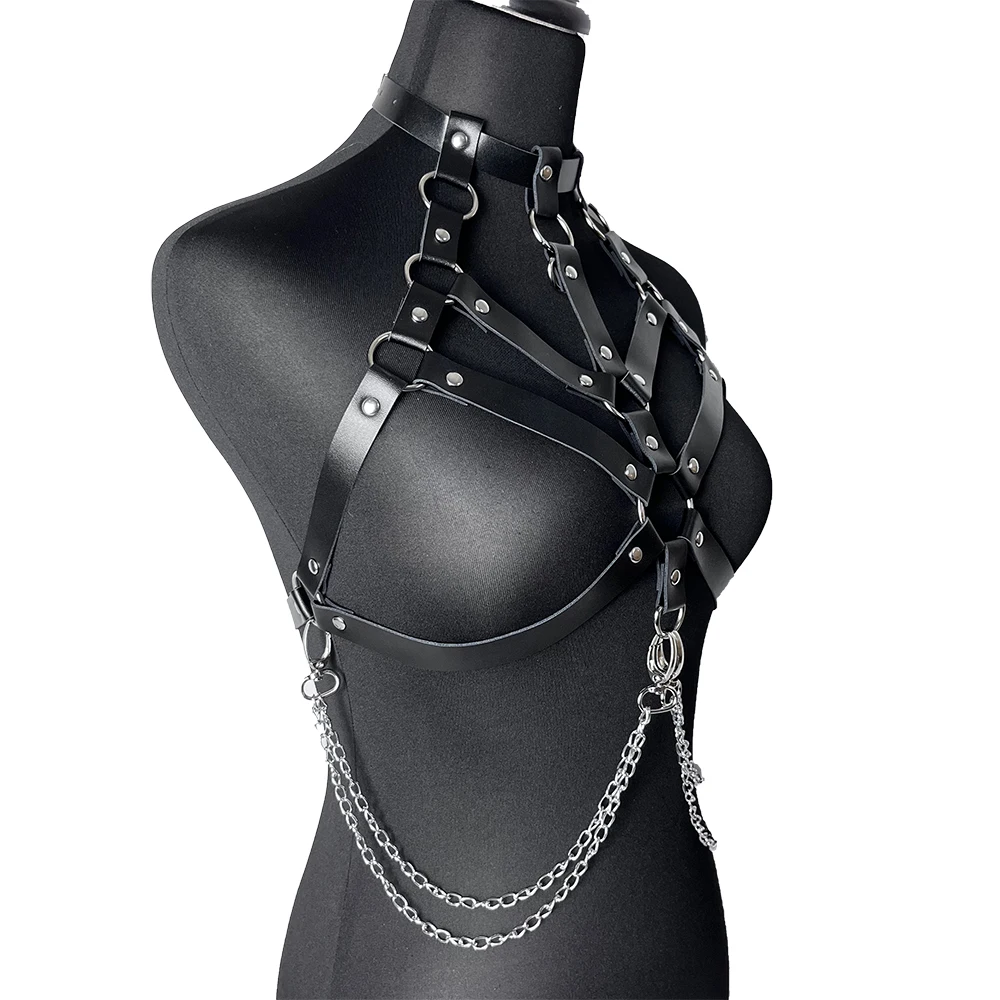 Chain with Leather Lingerie Woman Bondage Chest Harness Sexy Erotic Clothing Decor Corset Strap Belts Goth Garter Swordbelt