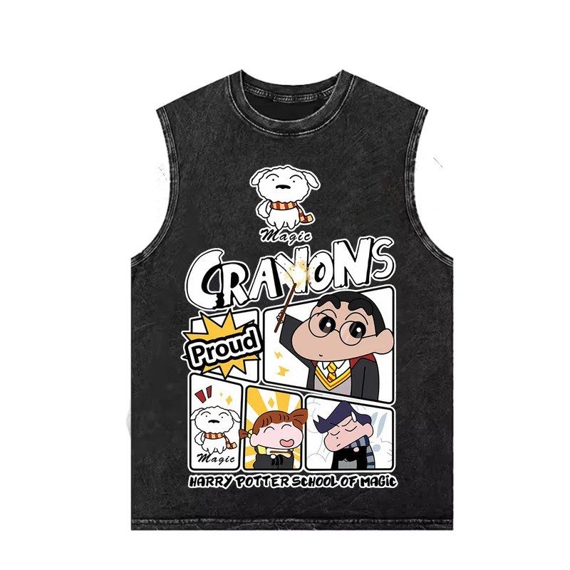 

Men's Crayon Shin-chan Cartoon Vest Summer Vintage Washed Tank Tops Streetwear Oversized Woman's Sleeveless T Shirt Y2k Clothes