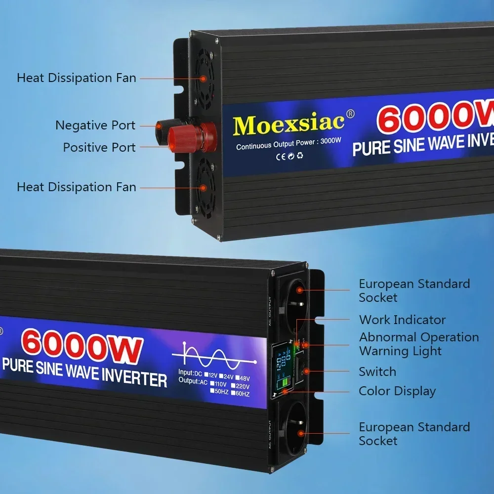 6000W 5000W 4000W pure sine wave inverter DC 12v 24V AC 220V 50HZ/60Hz dual European plug solar automotive inverter transformer