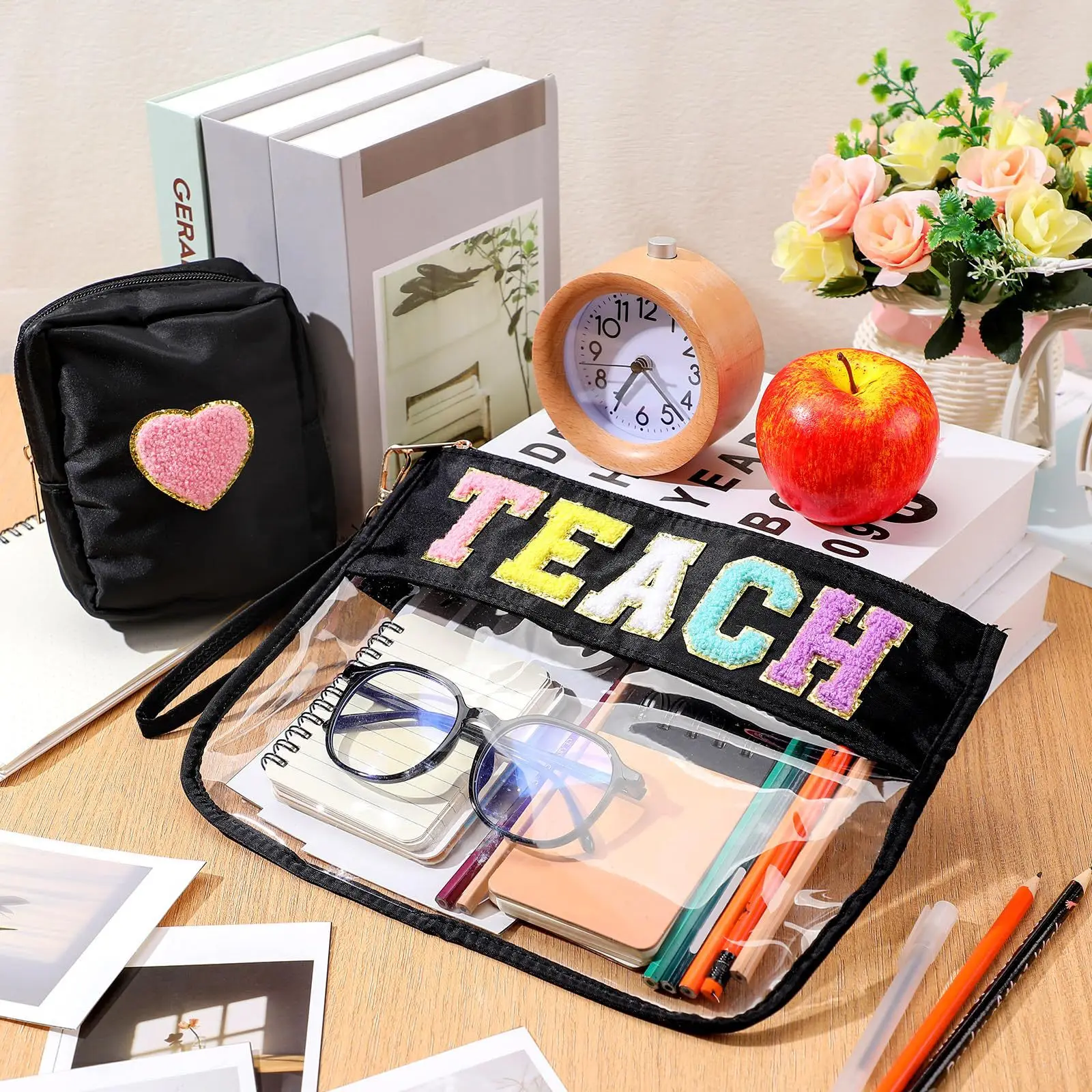 2Pcs Alphabet Makeup Bag Set, PVC Large Capacity Portable Transparent Cosmetic Bag, Travel Wash Bag, Stationery Storage Bag