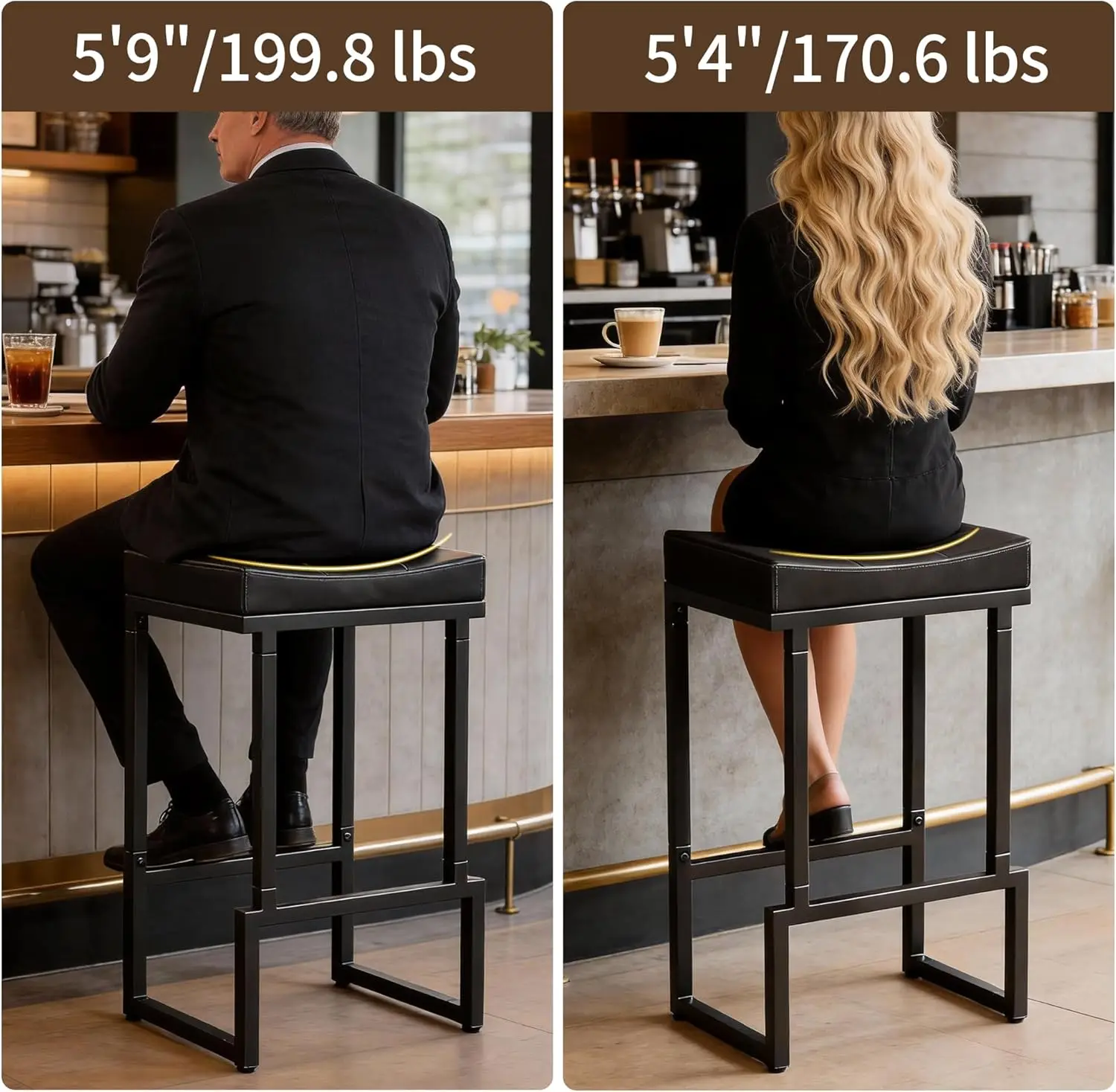 Cadeiras de Bar para Ilha de Cozinha, Couro Sintético e Metal, Preto, Conjunto de 3 Peças com 28 Assentos