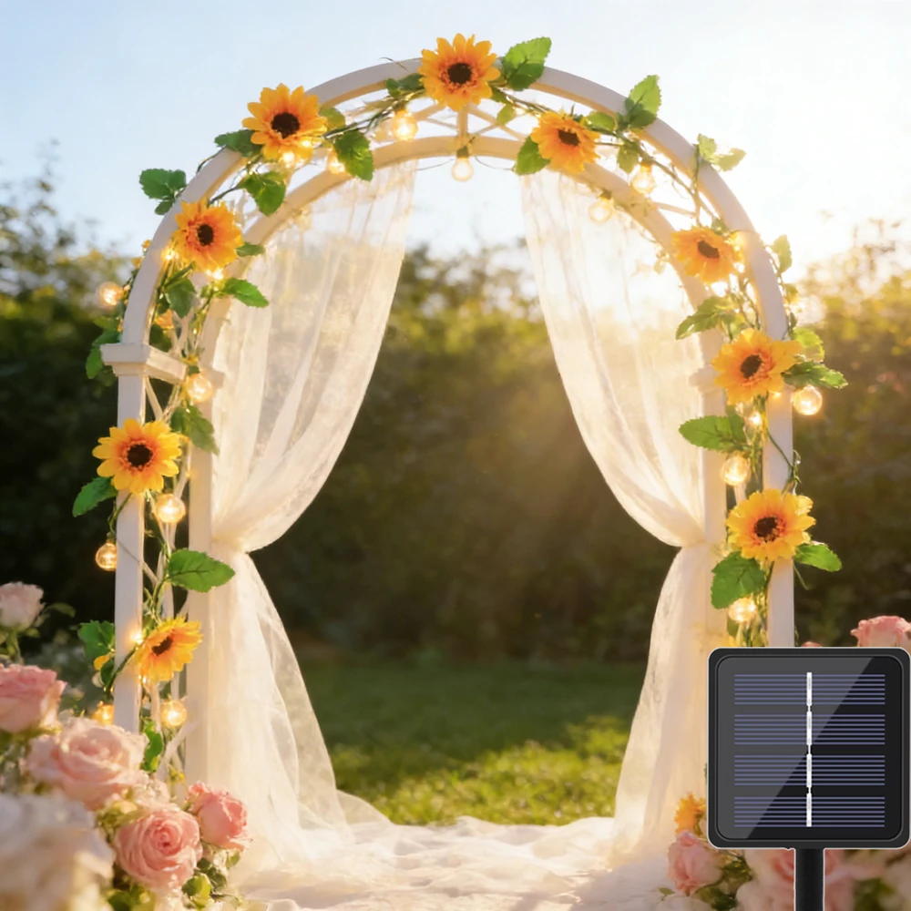 Solar Artificial Fairy String Lights Sunflower Rose String Light Garland Green Leaf Vine Light for Garden Party Wedding Decor