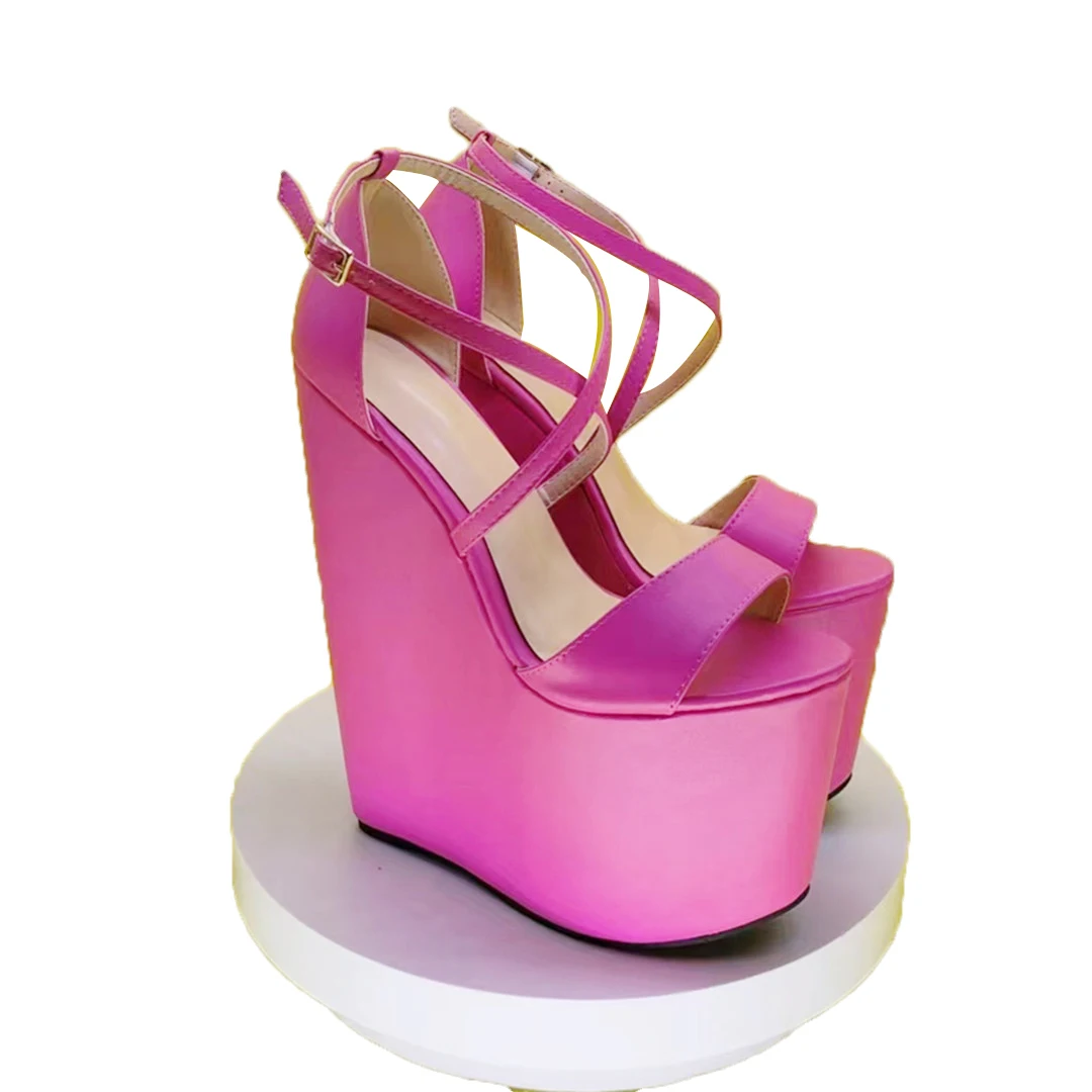 

DIZHUANG Сексуальные женские босоножки на высоком каблуке. Розово-красные кожаные сандалии. Высота каблука около 20 см. Босоножки на танкетке. Туфли с пряжкой.