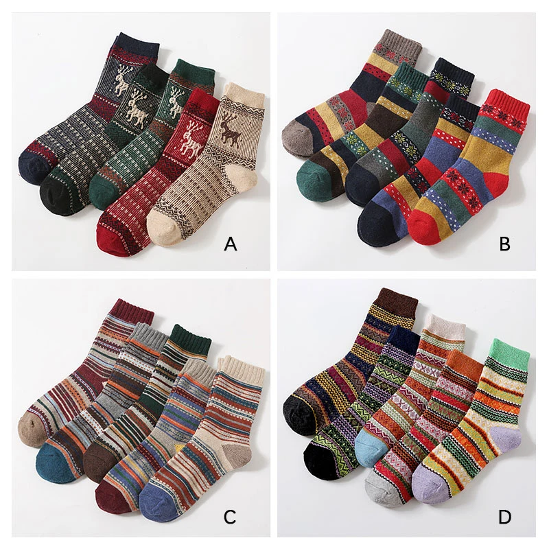 5 Pairs Women's Striped Pattern Wool Socks Warm Winter Mid Length Socks Ultra Thick Harajuku Women's Antifreeze Cashmere Socks