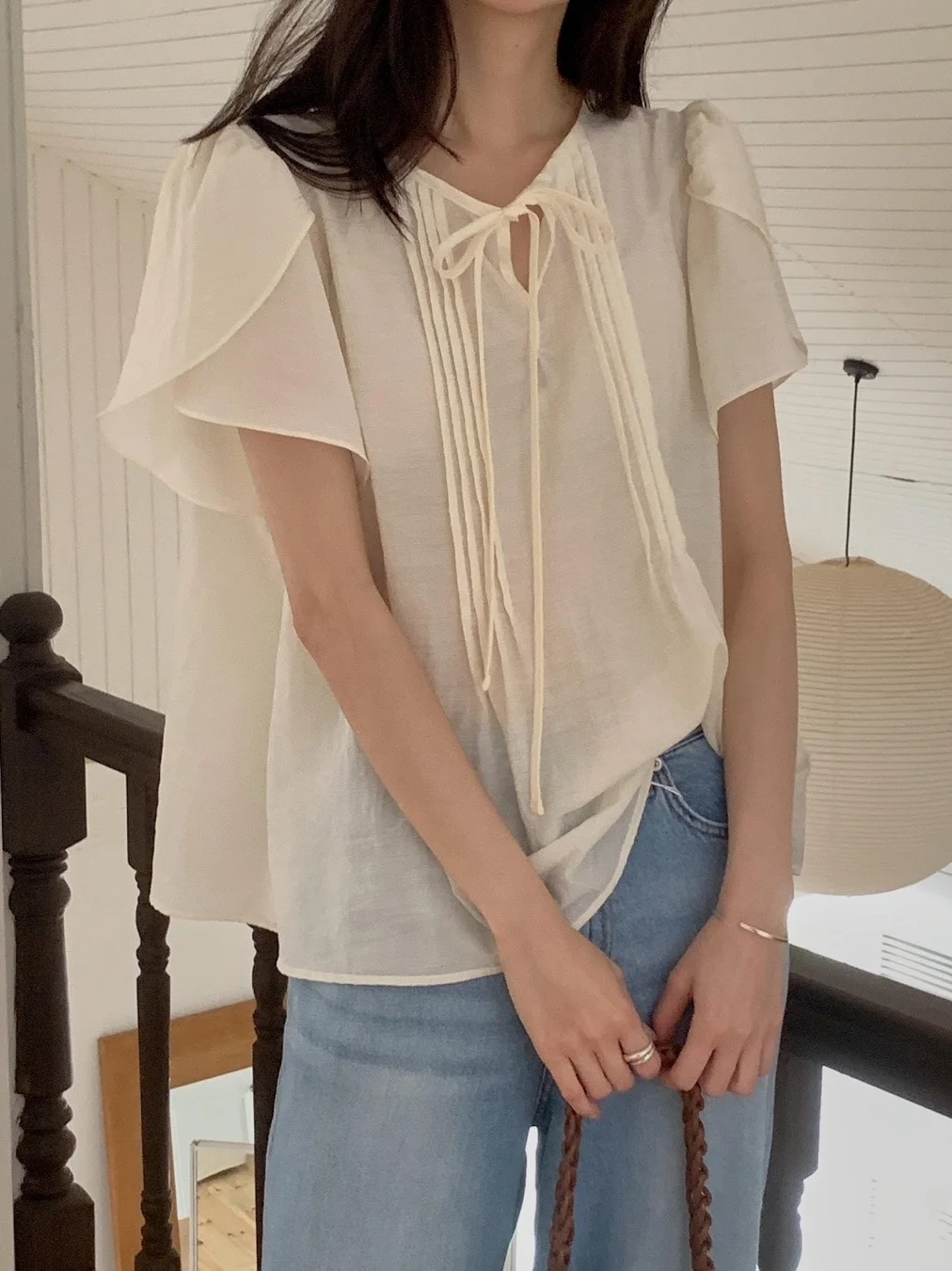 

Summer Gentle Wind Flower Bud Sleeve Tie Waist Shirt Women's Loose Fit Short Sleeve Lyocell Top Versatile Simple Age-Defying