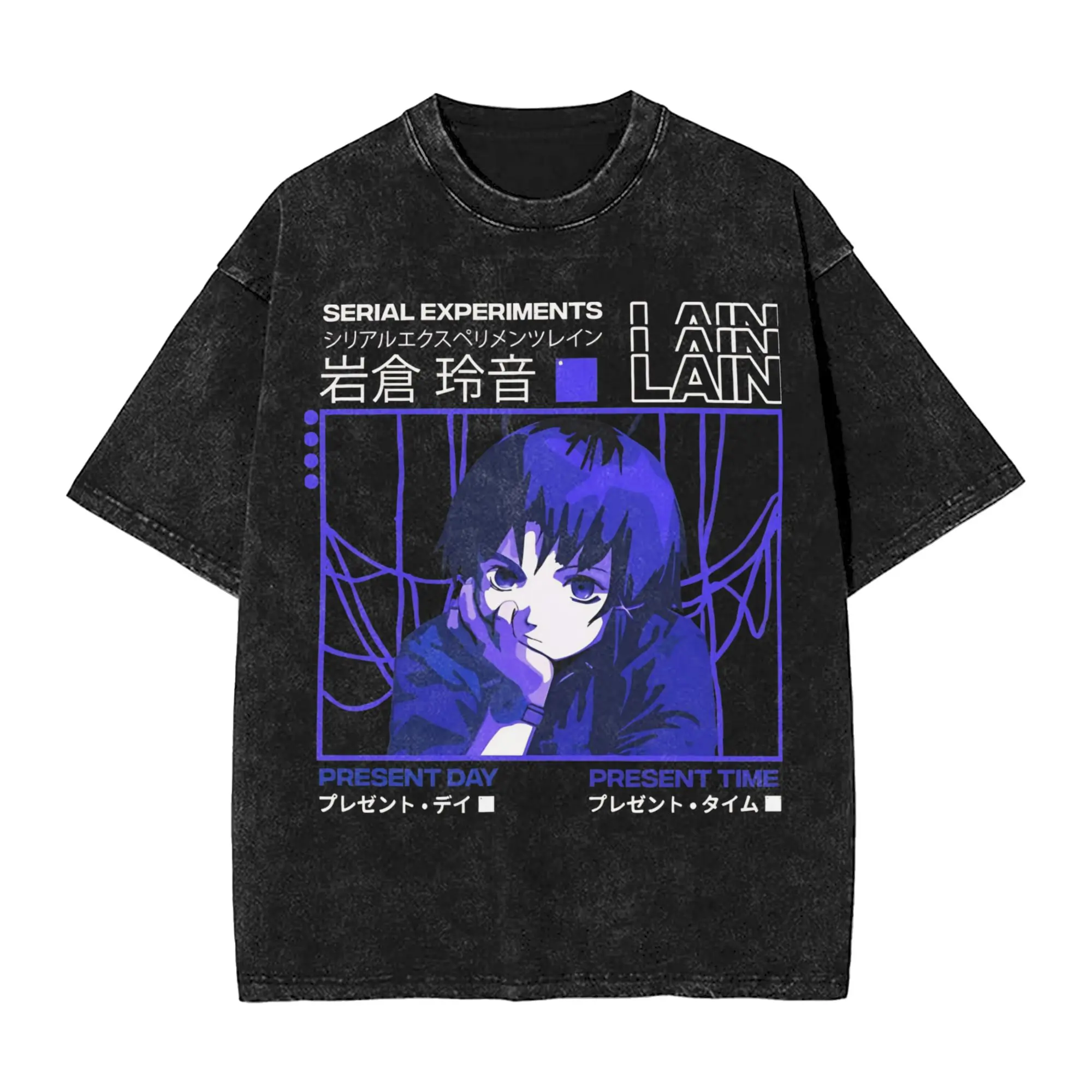 Vintage Washed T Shirt Serial Experiments Lain Cotton T Shirts  Hip Hop Tshirt for Man Summer Y2K Classic Design Top Tees
