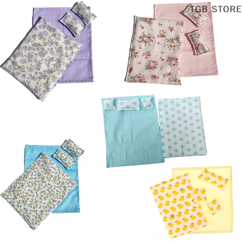 1/12 Miniature Four Piece Bed Set Dollhouse Bed Bed Sheet Quilt Pillow Quilt Cover Bedding Set Doll Bedroom Decoration Toy