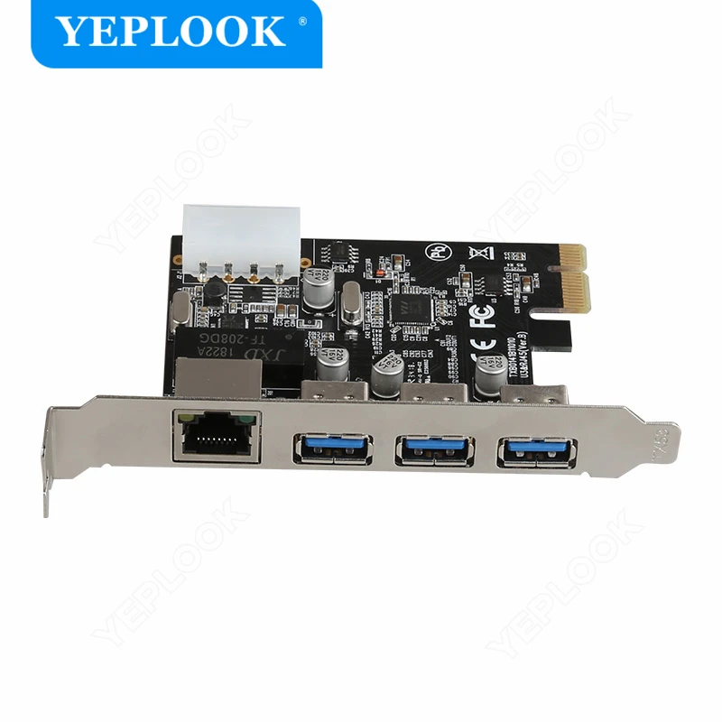 PCIe kartu jaringan Ethernet Gigabit, 1X ke 3 port USB 3.0 + RJ45 1000Mbps LAN dengan 4Pin konektor catu daya untuk PC Desktop