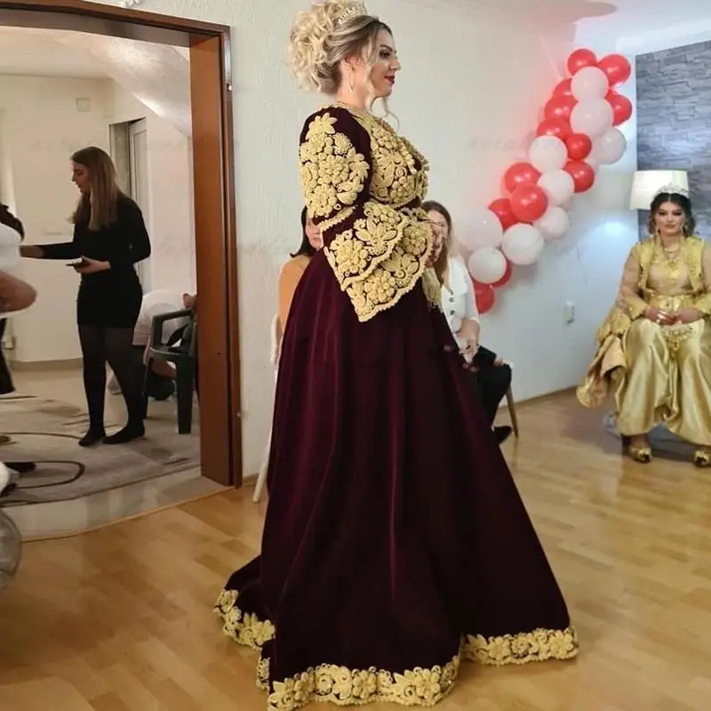 Burgundy Velvet Traditional Kosovo Evening Dresses Vestidos Formales Albanian Caftan Applique Prom Dress Robe De Soiree De Maria