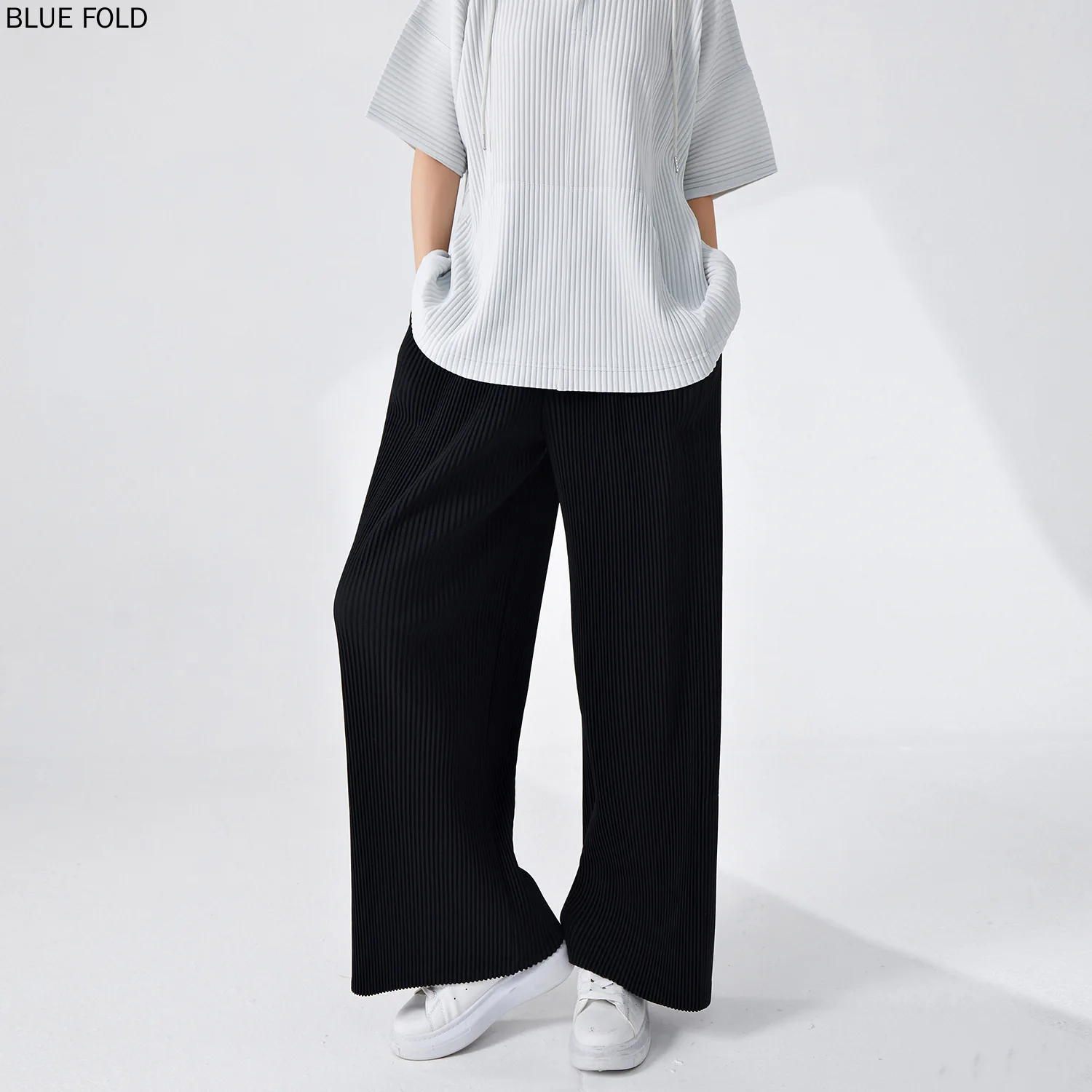 Miyake-Calça Feminina de Pernas Largas, Calça Unissex Solta, Uniforme Versátil Casual, Cortina Grossa, Outono, Inverno, 2022