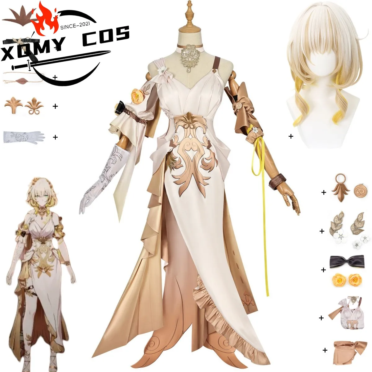 

XqGame Honkai: Star Rail Aglaea Cosplay Costume Amphoreus The Goldweaver Evening Dress Long Skirts Wig Woman Sexy Carnival Suit