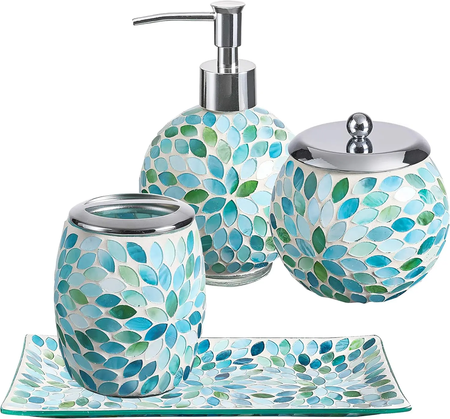 

4PCs Mosaic Glass Bathroom Accessories Set with Decorative Pressed Pattern - Includes Hand Soap Dispenser & Tumbler & Soap Dish