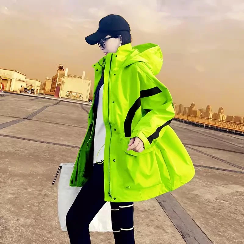 Spring Autumn klein blue Coat Women Medium long 2024 New Student Workwear Windbreaker Female Color blocked Casual Hooded Coats