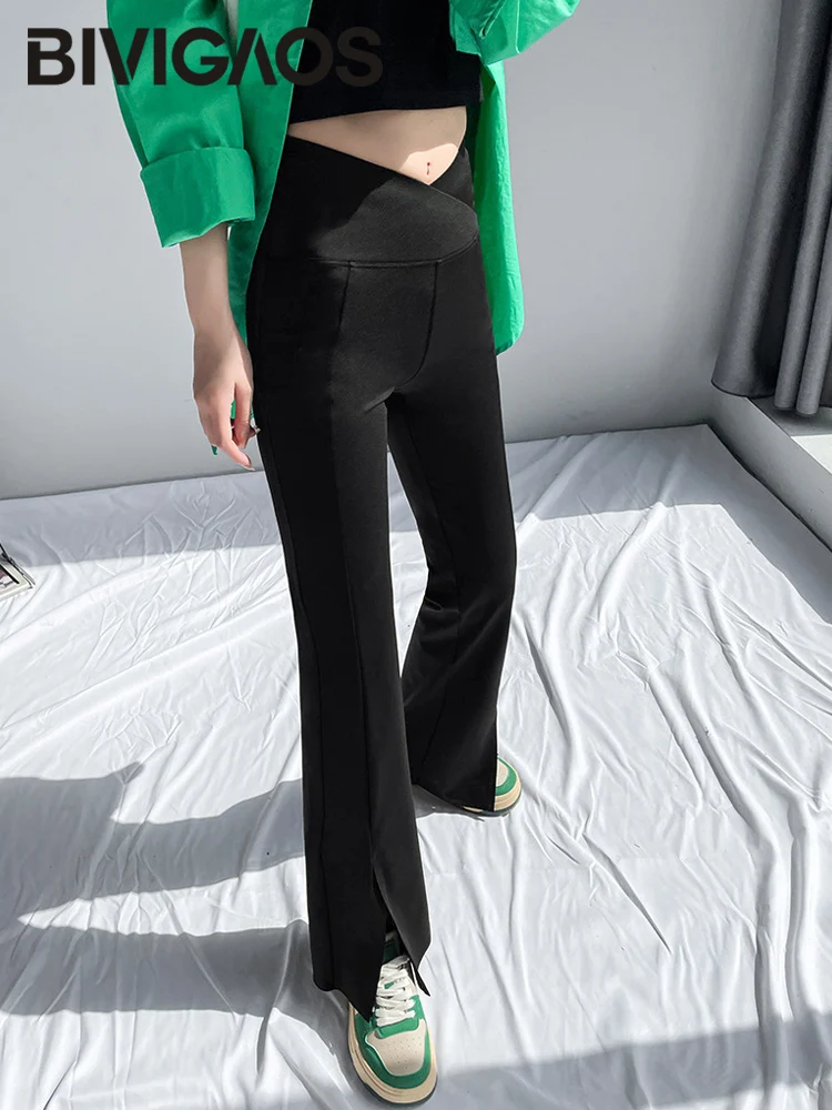 BIVIGAOS Women Spring New V High Waist Slit Shark Flared Pants Butt Lifter Sexy Pants Black Slim Casual Fashion Flare Trousers