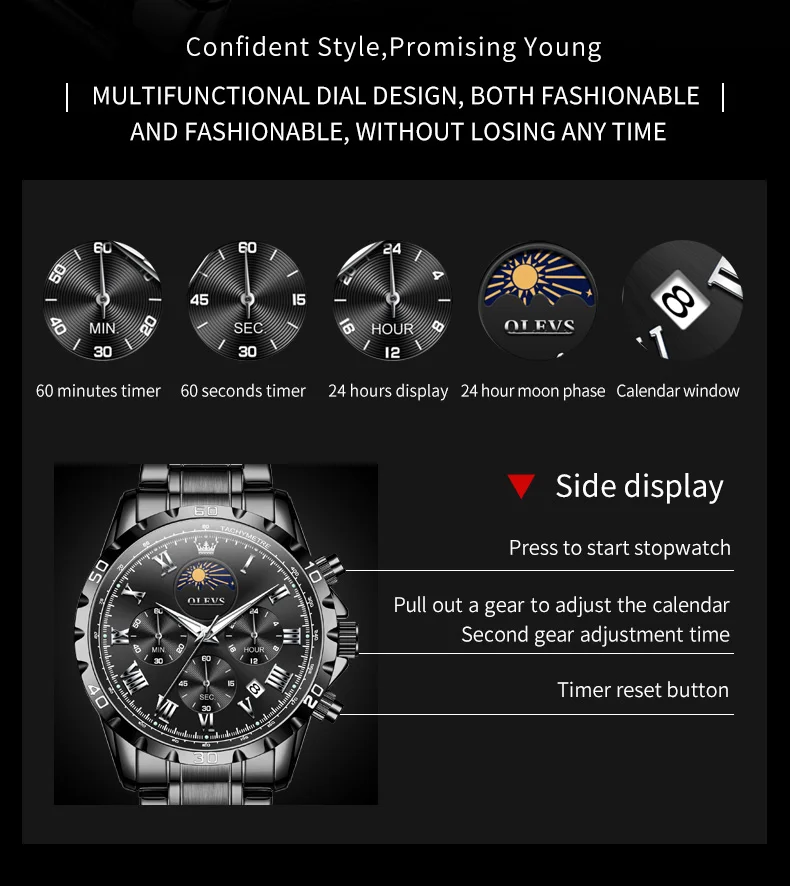 OLEVS NEW Quartz Wrist watch for Men Fashion Trend Multi-function Chronograph Black Stainless steel Business Dress Hand Clocks