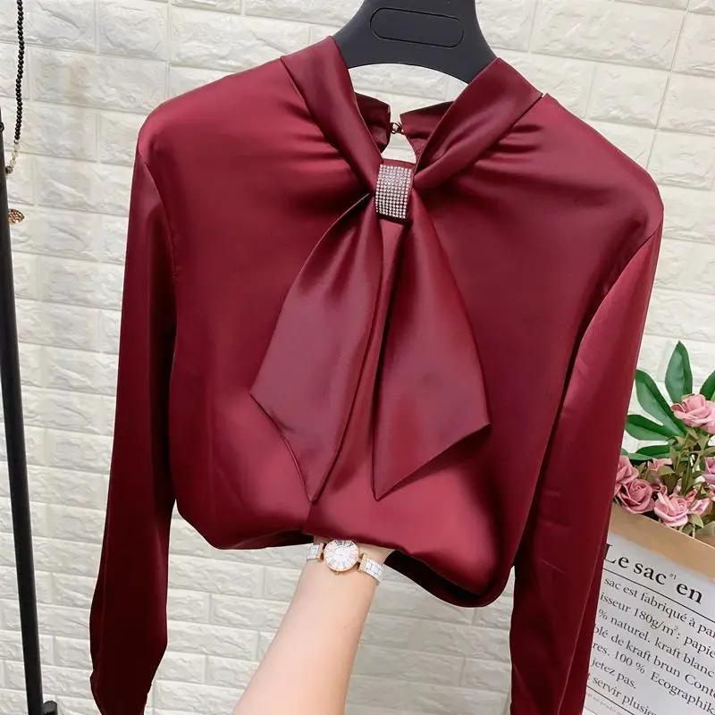 Bright Diamond Bow Wine Red Chic Blouse Female Spring Autumn Lace Up Long Sleeved Chiffon Loose Small Bow Tie Pullover Shirt