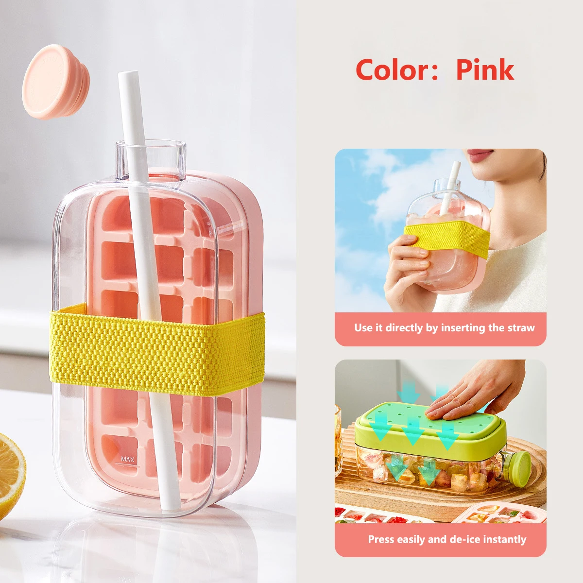 Ice Cube Tray Bottle With Lid No Touch No Spill Freezer Ice Tray With Straw Cable Tie Mold Reusable Food Grade Ices Maker Gadget - Image 4
