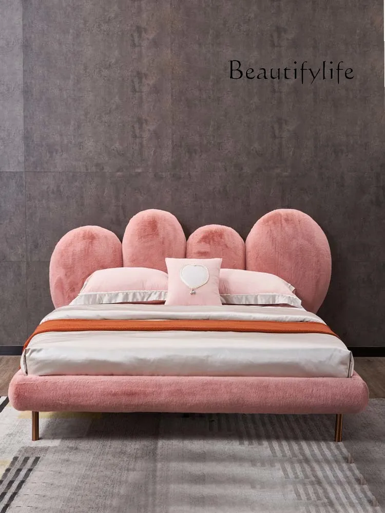 Nordic Modern Special-Shaped Small Apartment Pink Velvet Fabric Bed Log Double Marriage Bed Bed