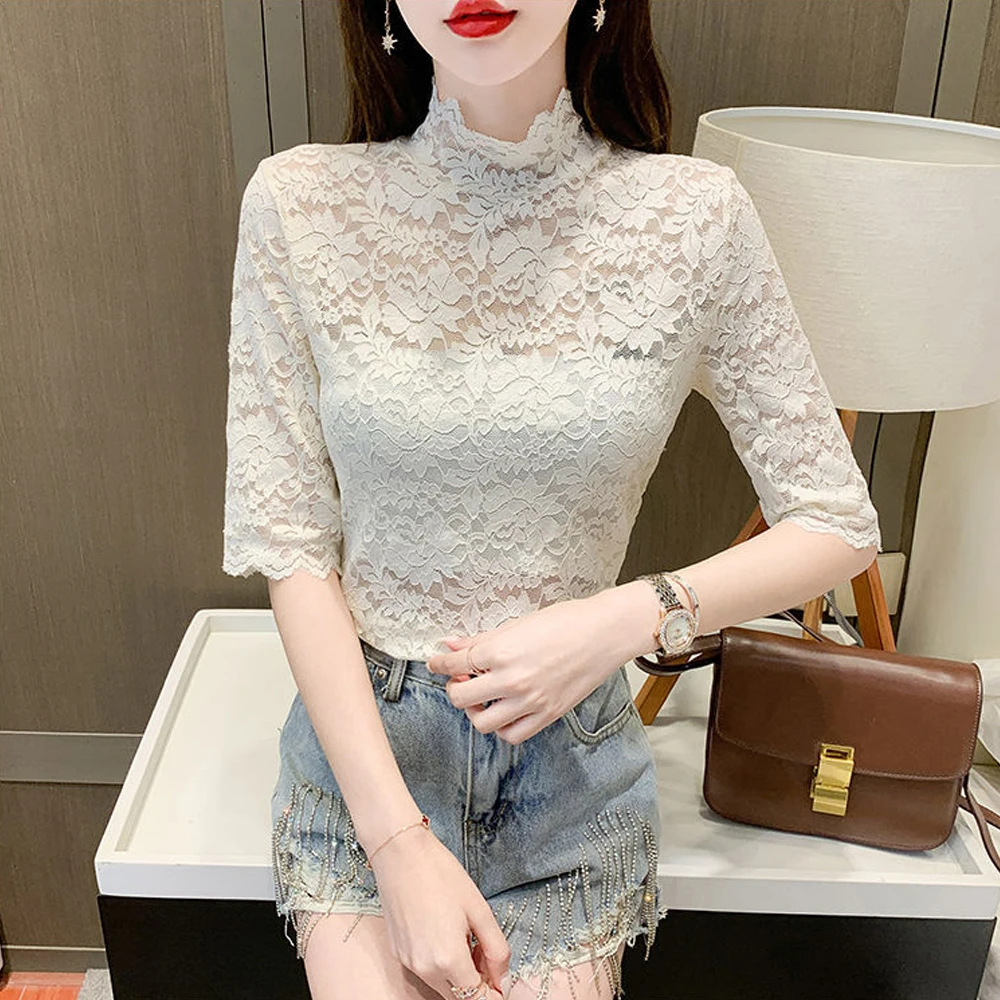 

Rose Lace Female Blouses S-3XL Spring Summer Flowers Elastic Stretch Petal Sleeve T-Shirt Turtleneck Short Sleeve Women Shirt