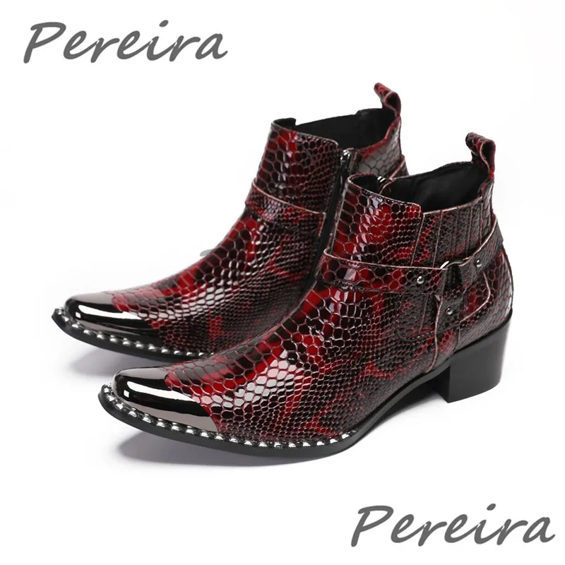 

Snake Patterned Men's Boots Metal Pointed Toe Thick High Heel Chelsea Boots Genuine Leather Rivets Zipper Business Dress Shoes