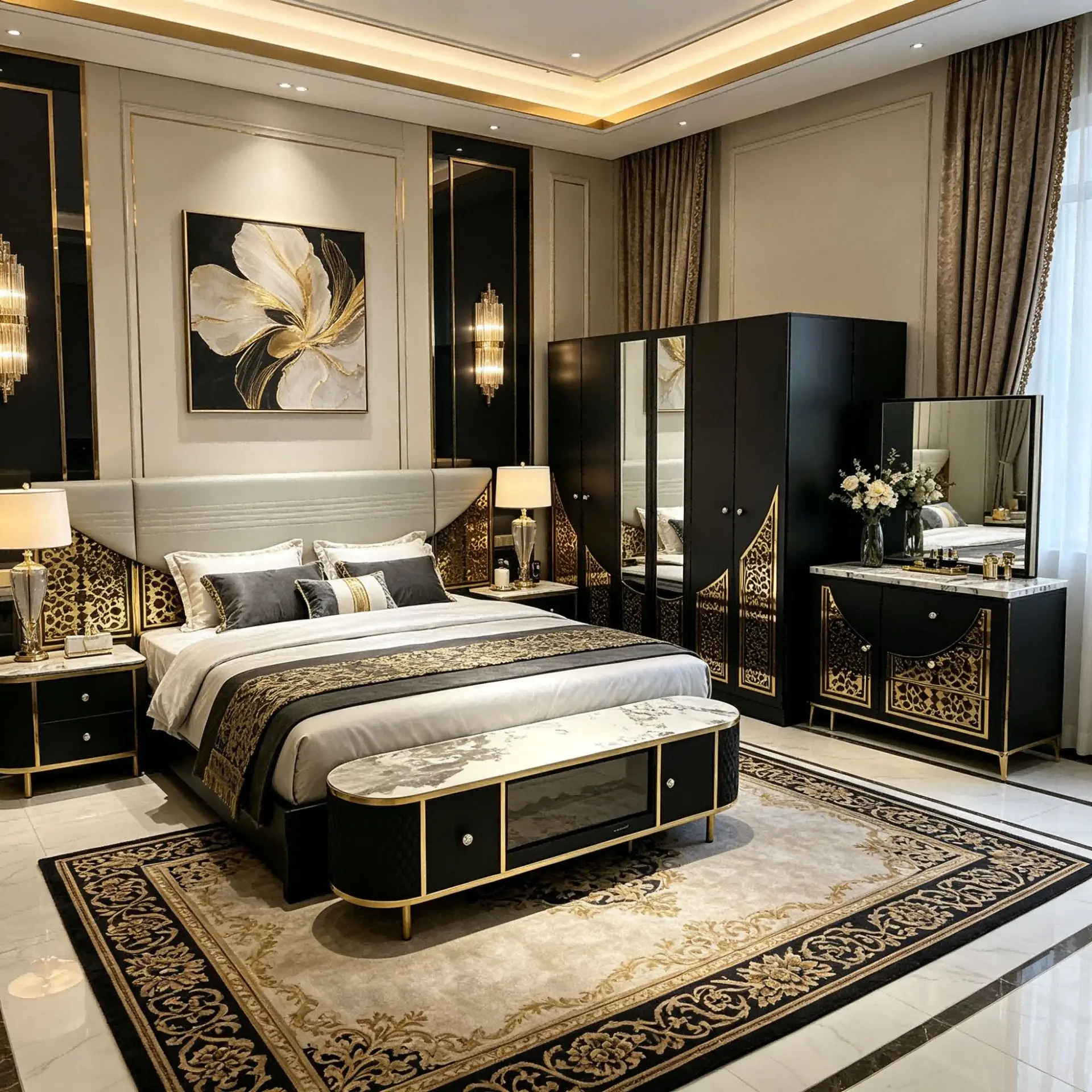 TNBKTFX092 light luxury black gold bedroom set, mirror wardrobe, bedside table, dresser, TV cabinet