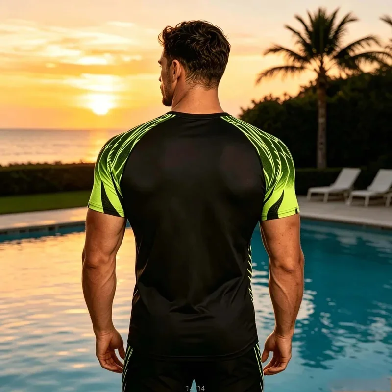 Men's Short Sleeve Sports T-Shirt for Outdoor Training Black with Green Neon Stripes Lightweight Elastic Breathable Basic Jersey