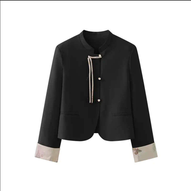 Casacos chineses femininos jaqueta curta gola fivela outwear bolso falso impresso retalhos casaco literatura feminino casacos retro