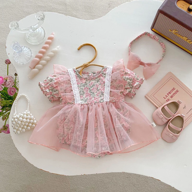 2 pezzi Summer Princess Girls Baby Dress body 0-2Y Infant Sweet pink Floral One Piece Mesh gonna vestiti per bambini con fascia