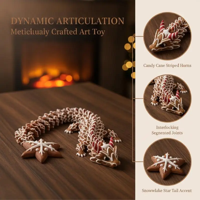 3D Printed Multi-Joint Moveable Gingerbread Dragon Ornament Imitation Cookie Material Stress Relief Holiday Christmas Gift