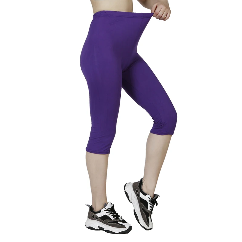 QR63 Solid Color Capris Leggings, WOMEN\'S Fashionable Elastic Waist Exercise, Short Leg Pants