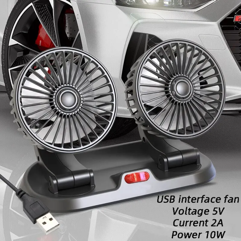 Ventilador de Carro 5V 12V 24V, Ventilador de Carro com Duas Cabeças USB, Ventilador de Carro com 2 Velocidades Ajustáveis, Acessórios para Carro com Regulagem de Vento