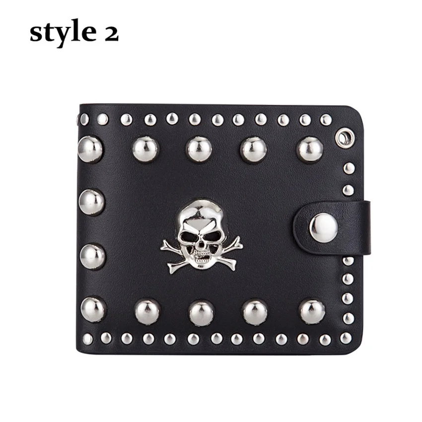 Street Punk Men's Rivet Chain Skull Wallet PU Leather Purse Billfold Money Clip Folding Clutch Wallet Detachable Metal Chain