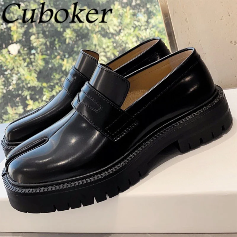 

Glossy Leather Shoes Black Platform Oxfords Shoes Dress Formal Office Ladies Career Shoes Women Thick Sole Split toe Tabi Shoes