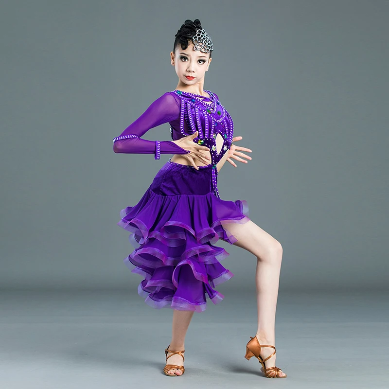 

2026 New Diamond Latin Dance Dress For Girls Rumba Competition Costume Children Waltz Performance Practice Flower Clothes XH673