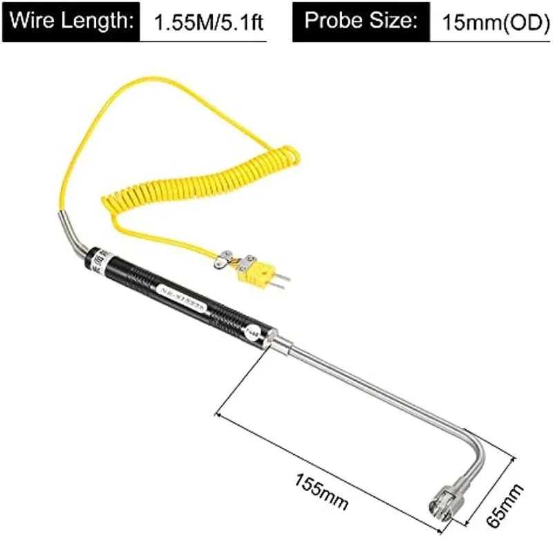 Sensor Probe Suhu Termokopel Tipe K Baja Tahan Karat -58 hingga 932 ° F (-50 hingga 500 ° C) 5,1 kaki 15x155x65mm