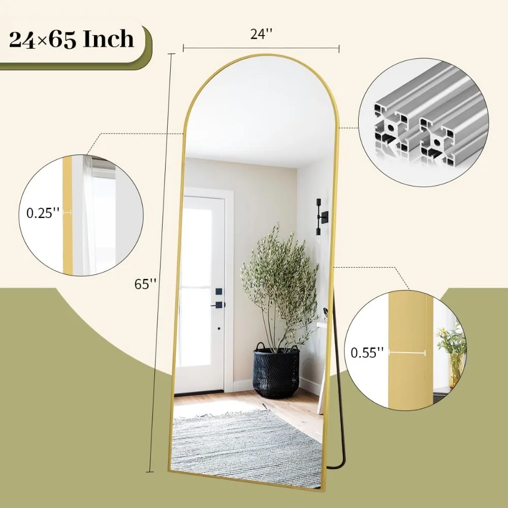 Espelho de piso em arco de 65 "x 24", espelho de parede de comprimento total pendurado ou inclinado espelho de corpo inteiro com parte superior arqueada com suporte