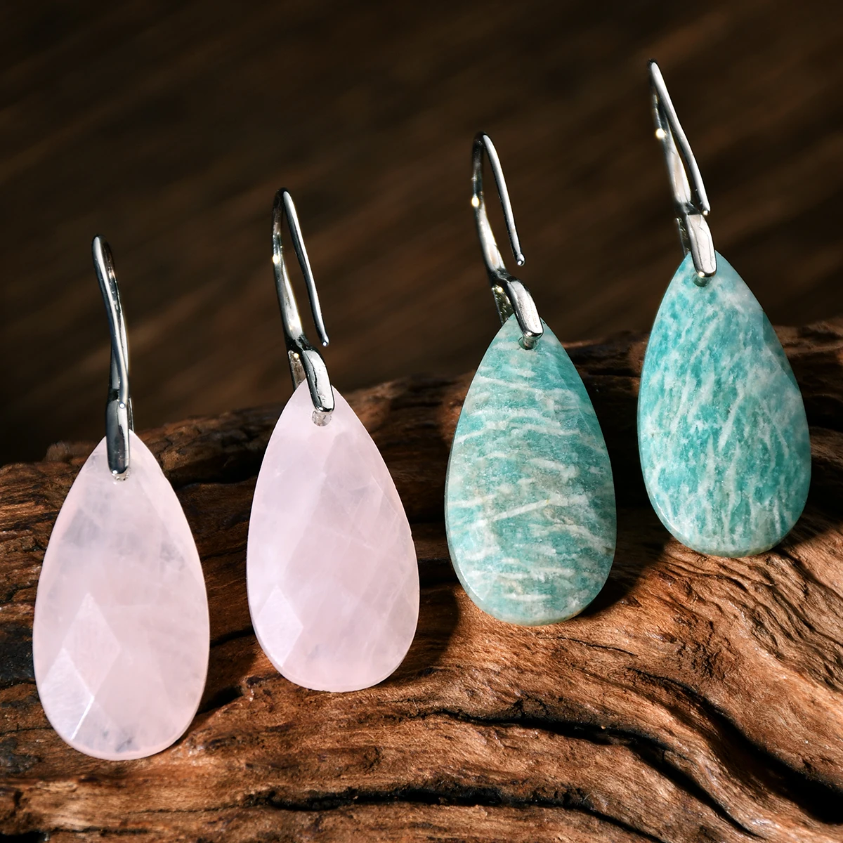 Natural Stone Rose Quartz Amazonite Stone Tangent Plane Water Drop Earrings Boho Women’s Exquisite Birthday Party Jewelry Gifts