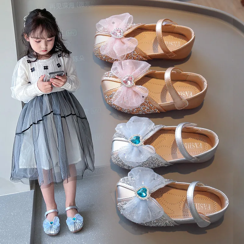 2023New Rhinestone Glass Slipper Kids Princess Shoes For wedding Party Birthday Children Flat Single Shoes Girls Leather Shoes