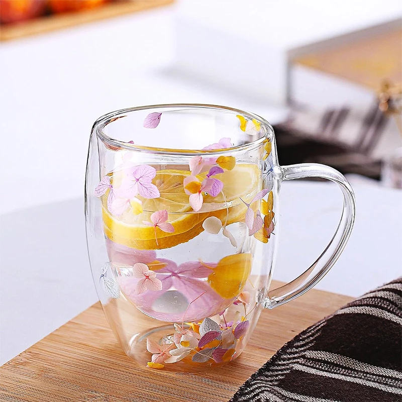 

Double Wall Glass Cup With Handle Dried Flower Decorated Coffee Cup Milk Mug Heat Resistant Tea Cups Kitchen Supplies