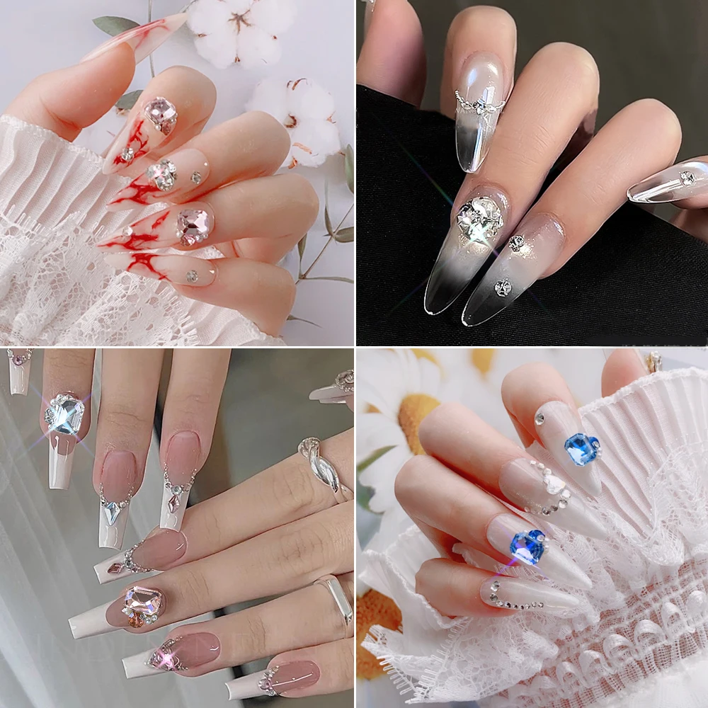 20 ピース/箱入り 3D 高級混合形状ネイルパイルクリスタル AB/ピンク/ブルー K9 グリッターネイルガラス DIY 氷透明マニキュアラインストーン