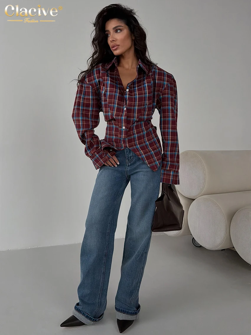 Clacive ファッションルーズチェック柄女性のブラウス 2026 ヴィンテージラペル長袖シャツエレガントなクラシックレースアップトップ女性服