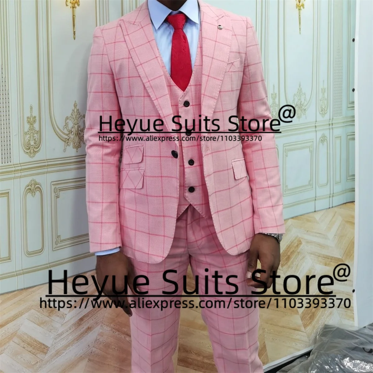 

Pink Business Plaid Wedding Suits For Men Slim Fit Peak Lapel Groom Formal Tuxedos Prom 3 Pieces Sets traje de hombre elegante