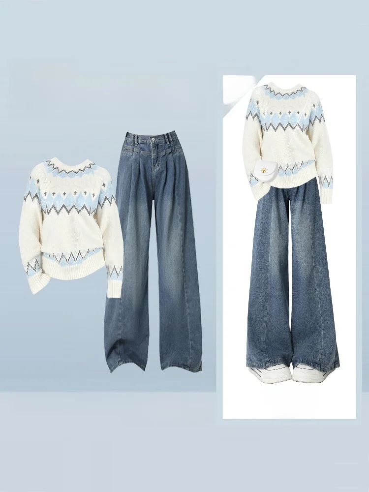 

Winter New Sle Knitted Sweater High Waist Straight Jeans Women Slimming Two-Piece Set Soft round Ne Casual Faion Ensemble